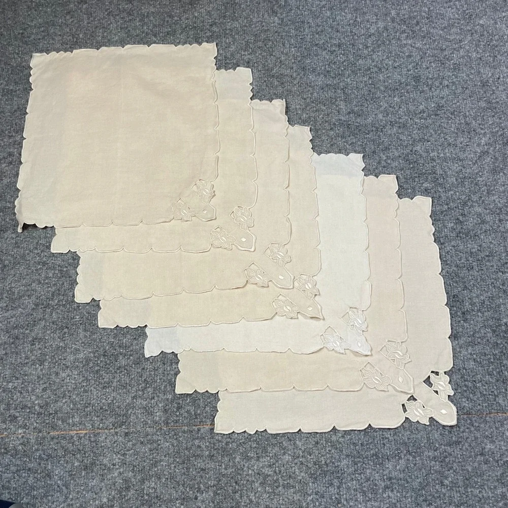 Vintage Linen Cocktail Napkins Set of 7 Beige Floral Cutwork Scalloped Edge
